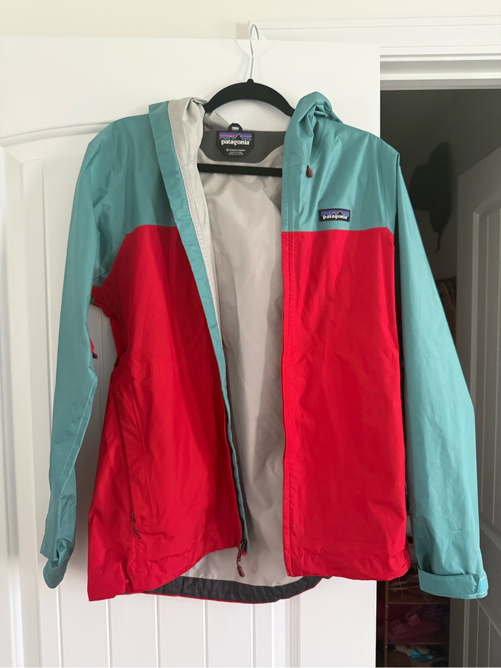 Patagonia Teal & Red Hooded Rain Jacket